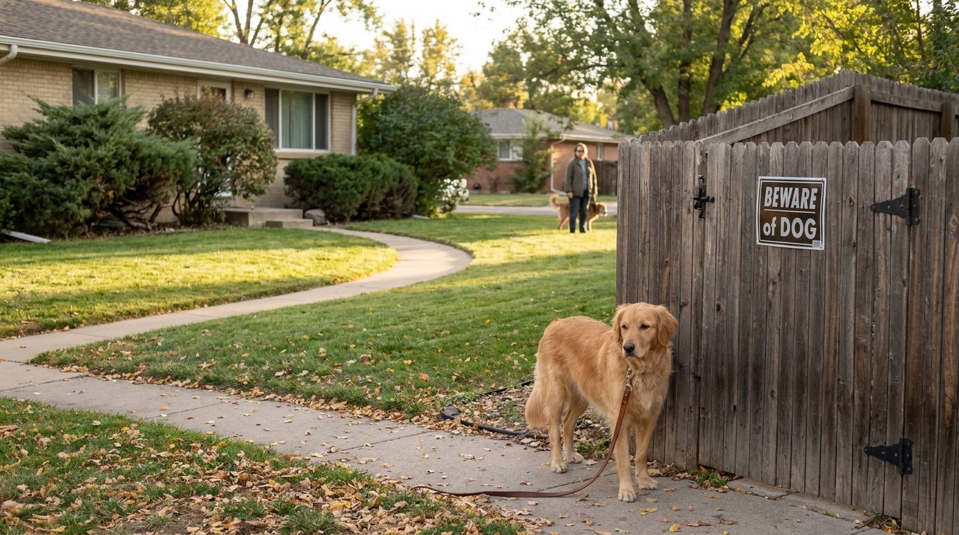 golden retriever on leash beside wooden fence with Beware of Dog sign