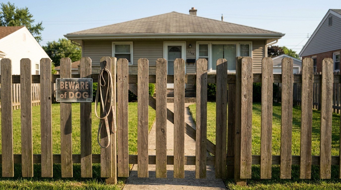 Beware of Dog sign and leash hanging on wooden fence gate outside residential home